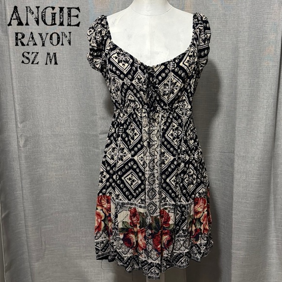 Angie Dresses & Skirts - Angie brand-Pop Over Dress-Sz M-Rayon-NavyWhite/Floral-Boho Chic-Deep V Neck